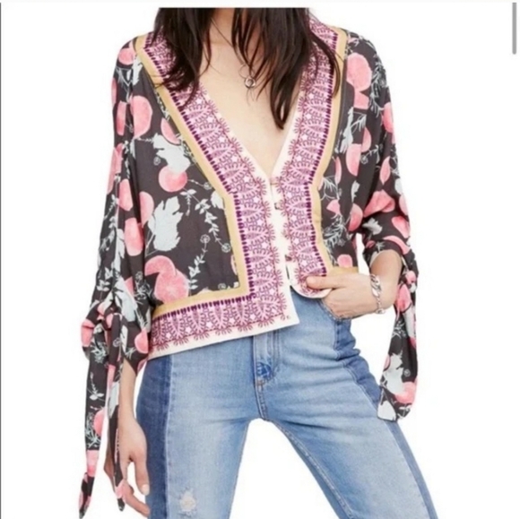 Free People Freshly Squeezed Grapefruit Tie-Sleeve Boxy Boho Blouse Top X-Small - Picture 4 of 8